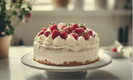Beautiful cake decorated with fresh strawberries